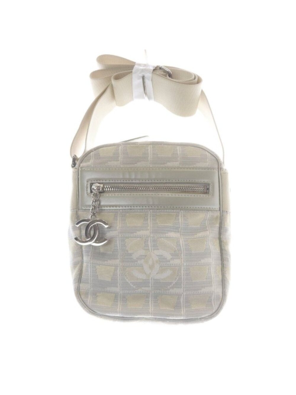 Chanel New Travel Line CC Logo Canvas Shoulder Bag Gray Beige